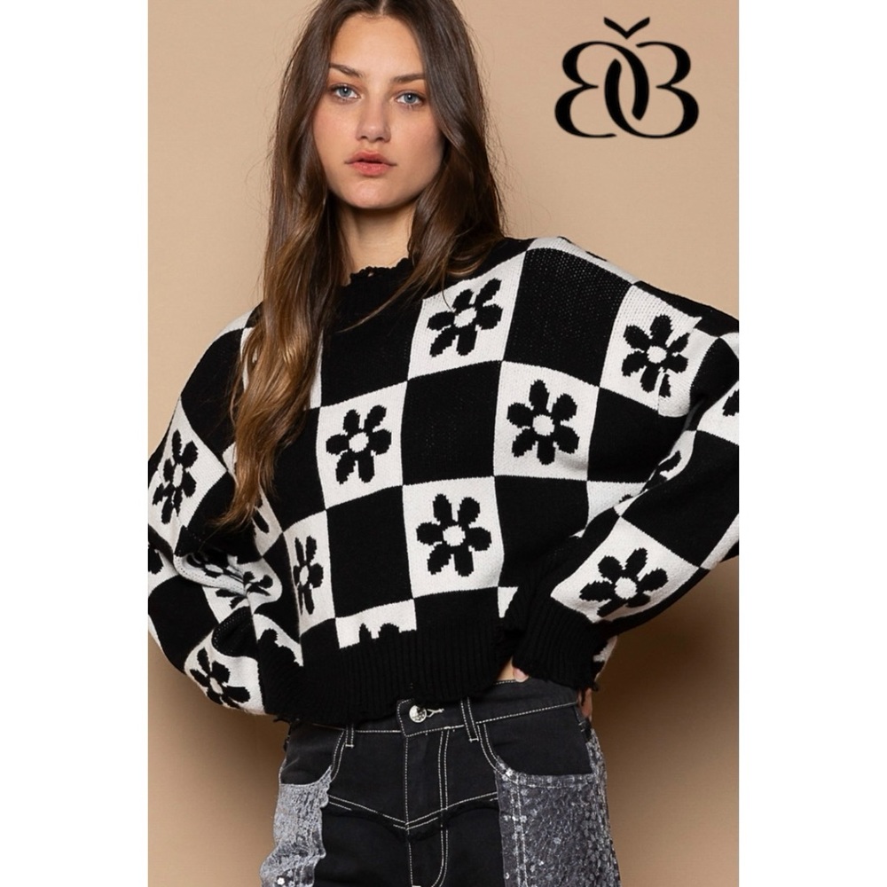POL Black & White Checkered Daisy Sweater | Oversized Boho